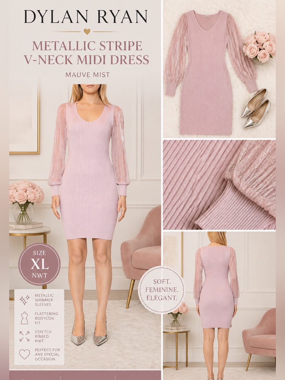 Dylan Ryan Metallic Stripe V-Neck Midi Dress Mauve Mist XL NWT